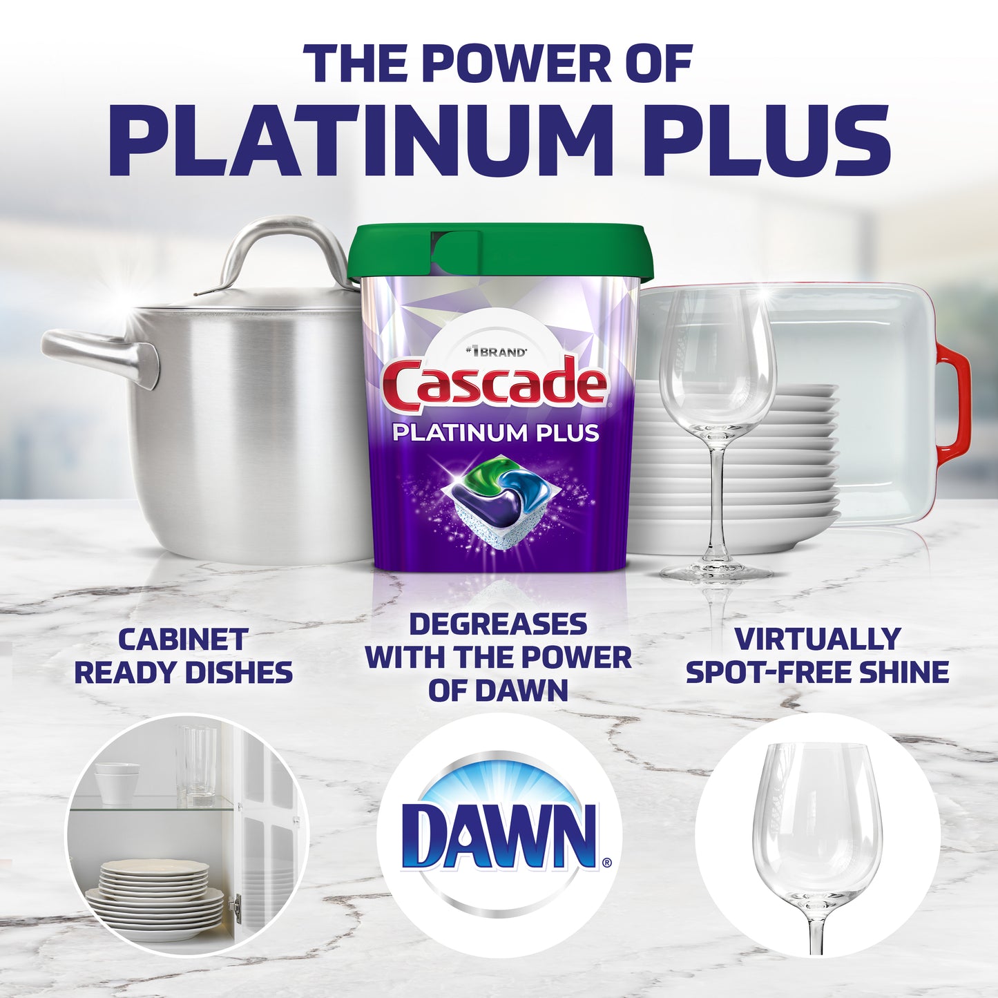 Cascade Platinum Plus Dish Detergent ActionPacs, Power of Bleach, Mountain Scent 21 Count,