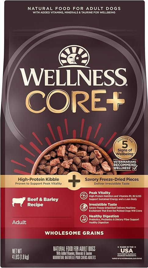 Wellness CORE+ Grained Dry Dog Food, Beef & Barley Recipe, 4 Pound Bag