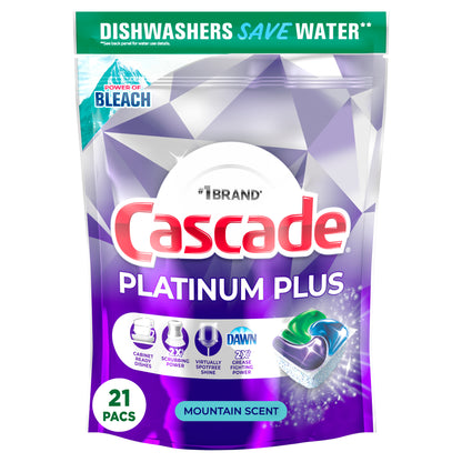 Cascade Platinum Plus Dish Detergent ActionPacs, Power of Bleach, Mountain Scent 21 Count,